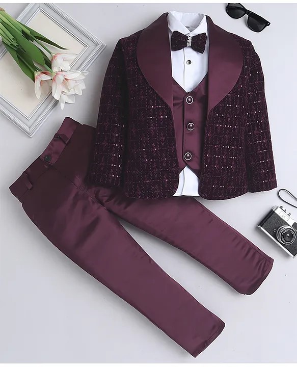Fourfolds Velvet Full Sleeves Sequins Embellished 3 Piece Part Suit Set - Wine